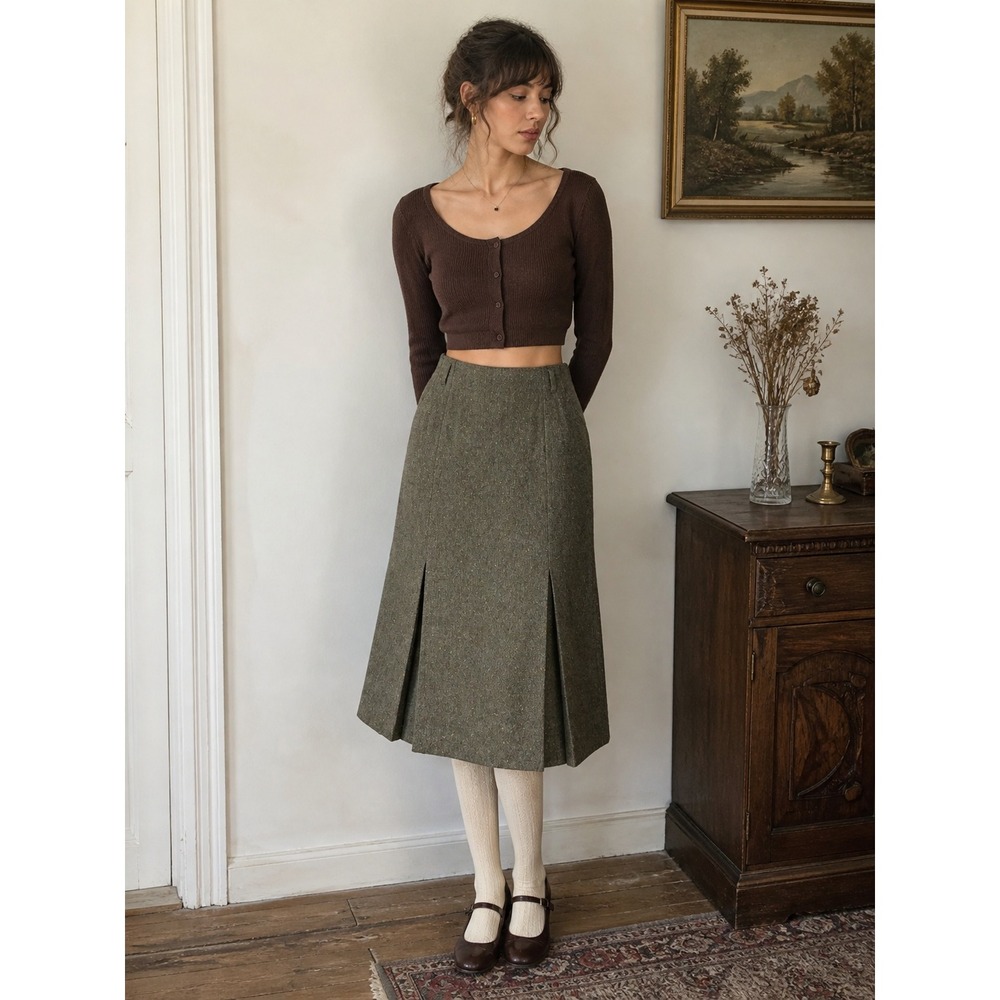 Together! Vintage Wool Blend Tweed Confetti Pleated Midi Skirt Brown Size 8